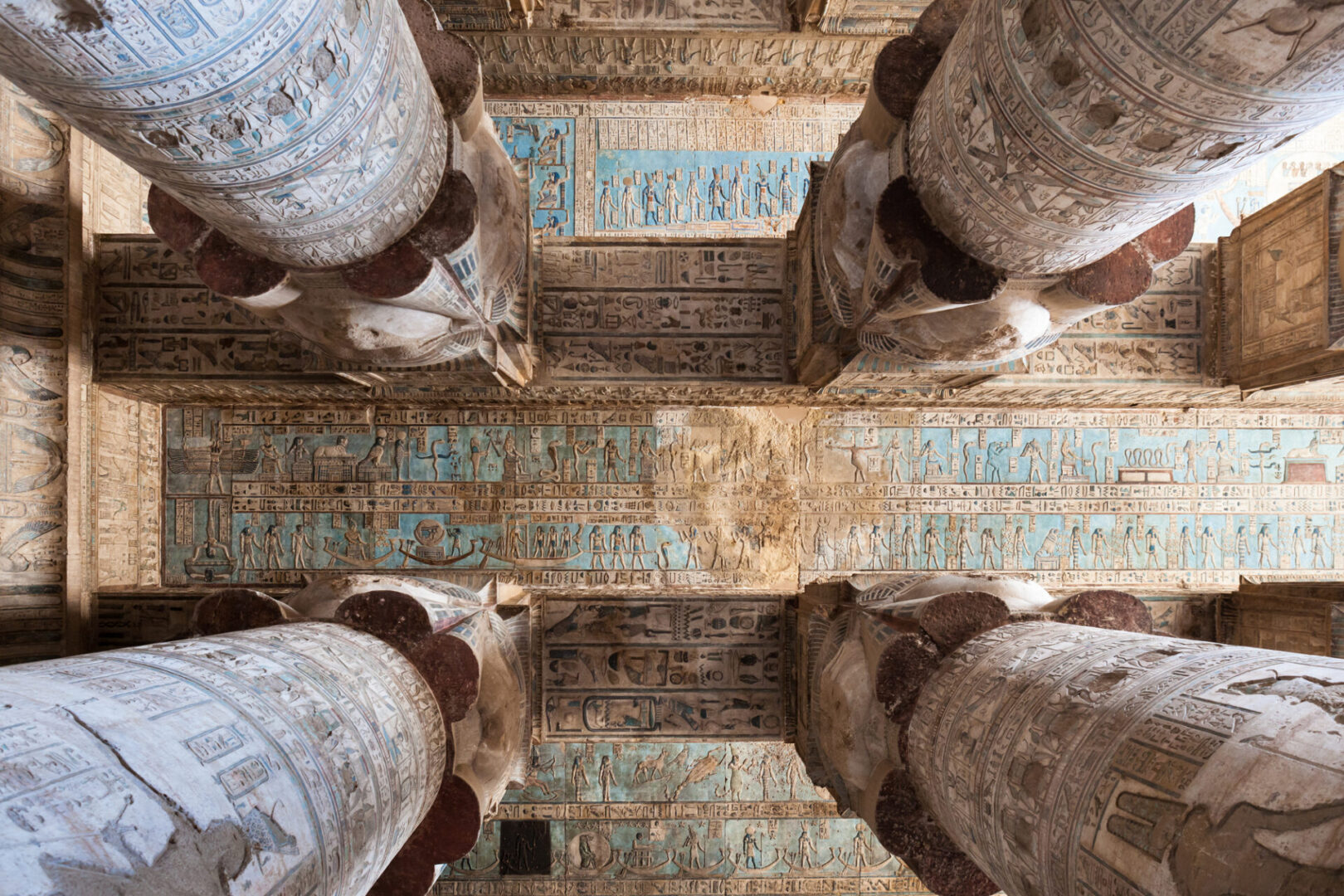 Hieroglyphs And Carved Paintings On The Ceiling Of The Dendera Temple